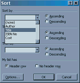 Sort dialoge box